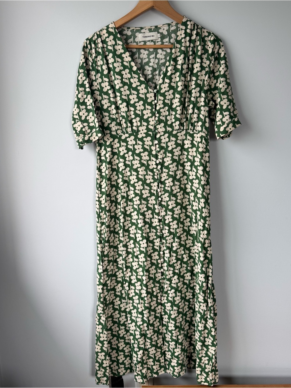 Green Floral V-Neck Maxi Dress with Cream Print